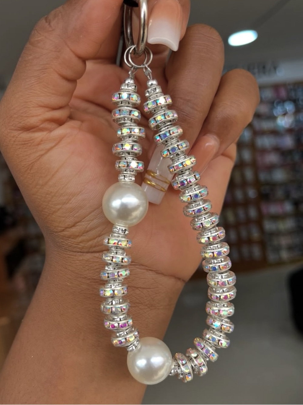 Beaded Wristlet Phone Holster Strap with Silver-Hued Accents and Pearls